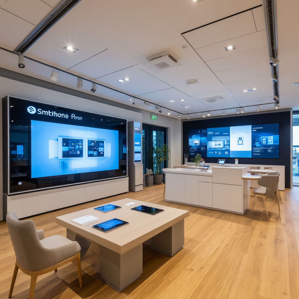 SmartHome Pro Showroom mit interaktiver Demo-Zone für Smart-Home-Systeme